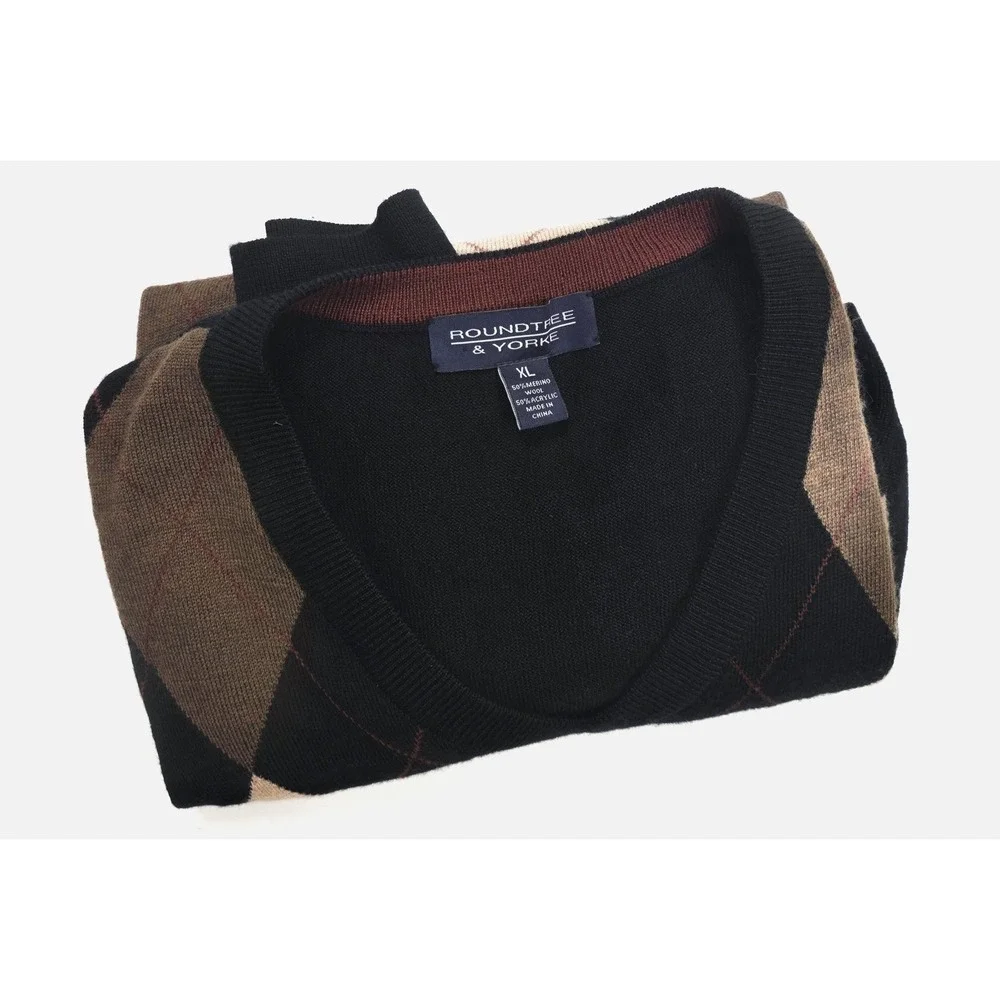 Roundtree & Yorke Black & Tan‎ Argyle Merino Wool Blend Sweater Men's Size XL